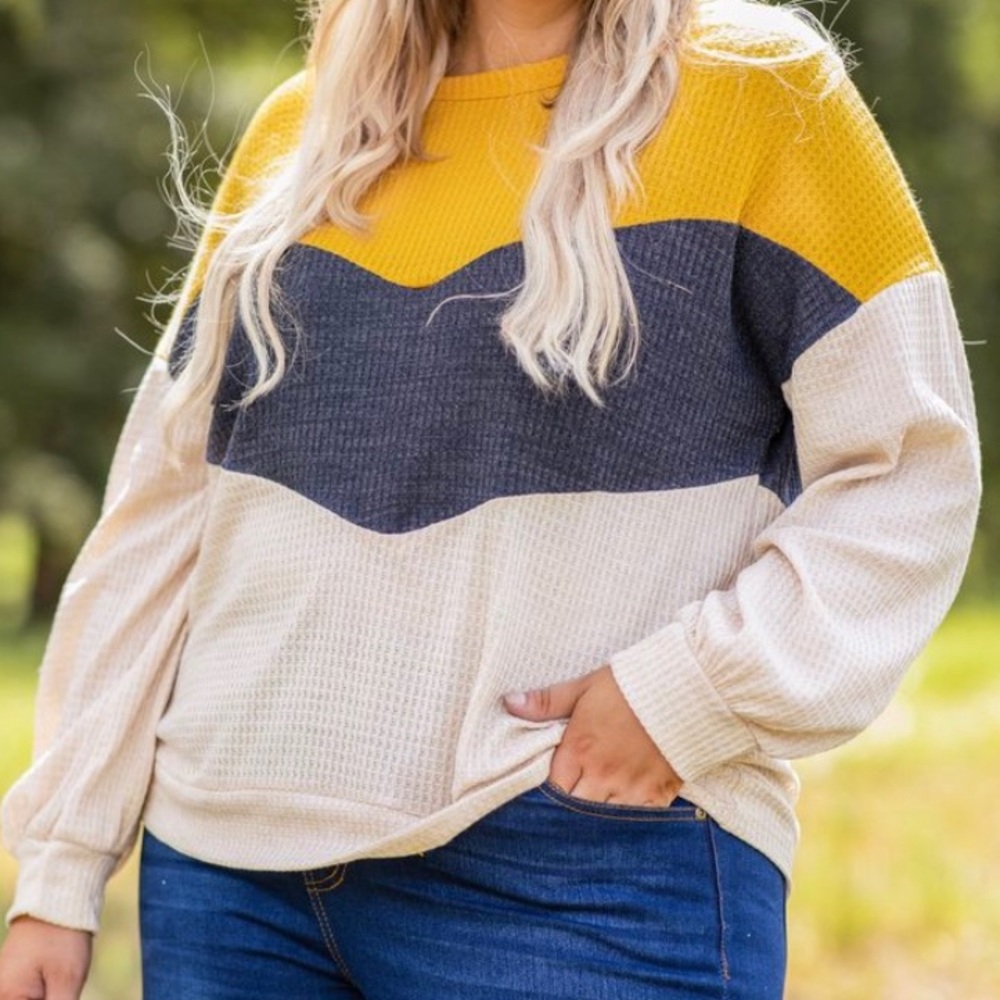 Chic Soul Colorblock Waffle-Knit Scoop Neck Sweater in Mustard, Charcoal & Cream